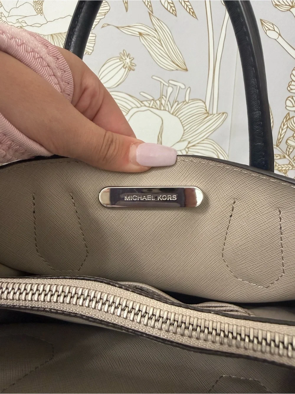 Michael Kors Dusty Blue Pebbled Leather Satchel with Black Trim